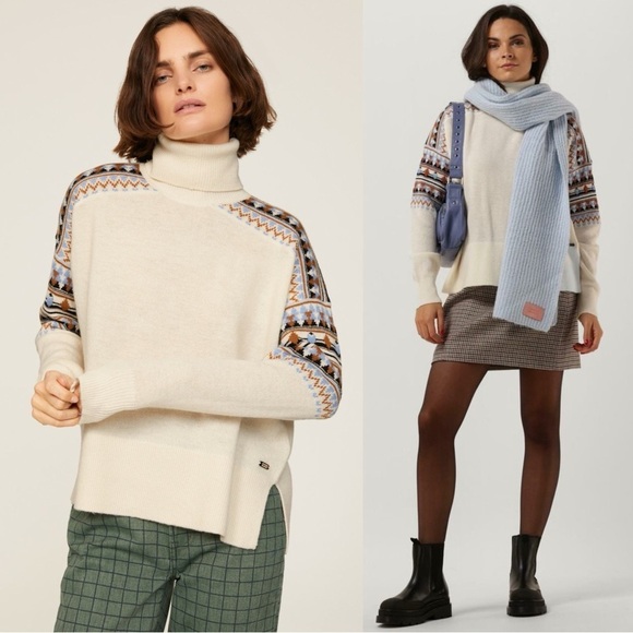 SCOTCH & SODA Merino Wool Fair Isle Knit Cropped Loose Fit Turtleneck Sweater S - Picture 1 of 16